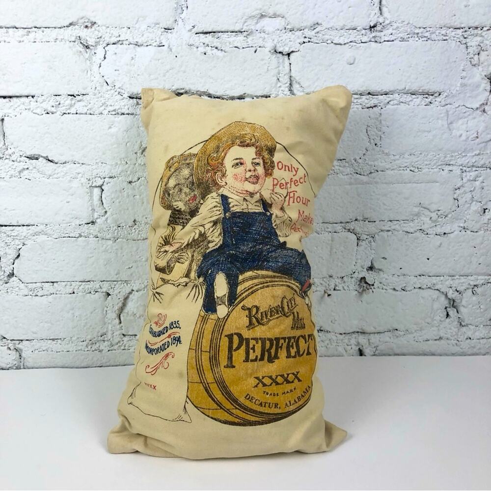 Vintage River City Mills Decatur Alabama Flour Bag Pillow